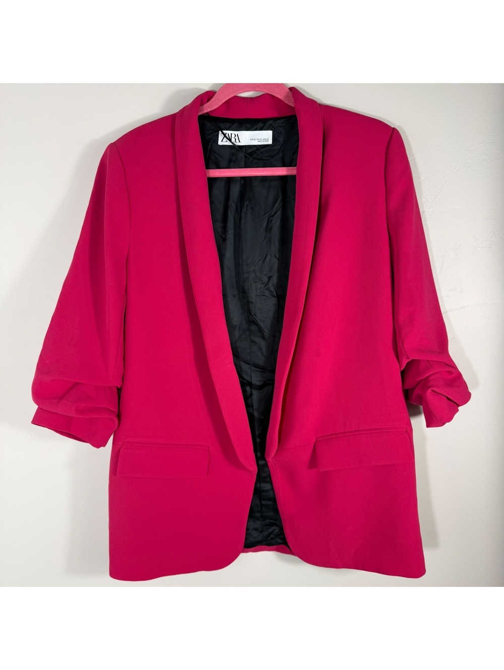 Zara Women’s Hot Pink Fuchsia Open Front Ruched Sleeve Longline Blazer | XL